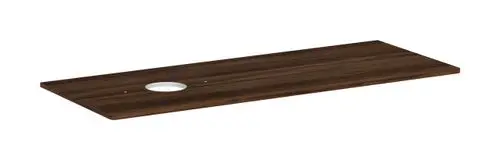 Dunkle Holzkonsole von Hansgrohe mit Ausschnitt auf der linken Seite, geeignet für einen Aufsatzwaschtisch, ohne Hahnloch.